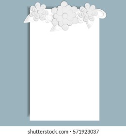 Template for postcard, invitation, wedding, party card with white rectangle frame and paper flowers on blue background