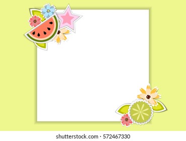 Template for postcard, invitation, wedding, party card with white frame,watermelon,flowers and leaves