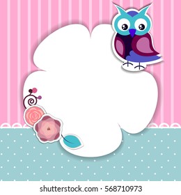 Template for postcard, invitation, wedding,valentines day, party card with frame,cute owl,flowers and decorative elements