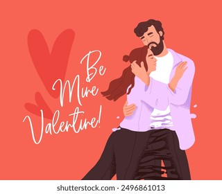 Plantilla de postal con letras para el día de San Valentín. Diseño de tarjeta romántica, regalo. Abrazos de pareja encantada, abrazos. Amistad amorosa, intimidad en el concepto de relaciones. Ilustración vectorial plana