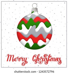 Template of Postcard with Paper Cut New Year Ball and Merry Christmas Handwritten Lettering. Winter Christmas Design Concept. 