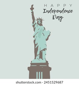 Template for postcard, poster, banner. Silhouette of the Statue of Liberty in blue-gray colors. Inscription Happy Independence Day