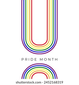 Template for postcard, poster for Pride month celebration. Oval geometric figure made from colored lines of the colors of the lgbt flag on a white background. Inscription Pride Month