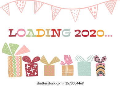 The template postcard with scandinavian gifts loading Christmas holidays. For web design or print flyer