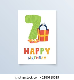 template postcard seven years with penguin gift greeting card birthday holiday for print, design, poster,
