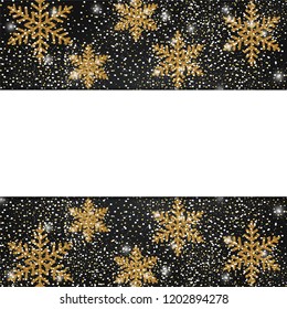 Template for postcard with shining golden snowflakes. Vector illustration