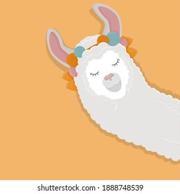 Template for postcards, banners, websites and printing houses with the image of a funny llama on a yellow background in an ethnic outfit with tassels. Vector illustration of a fluffy alpaca.