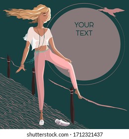 Template postcards, cards, cover. A beautiful young girl stands on one leg, in pink pants and a white T-shirt, round frame for text, dark green background.