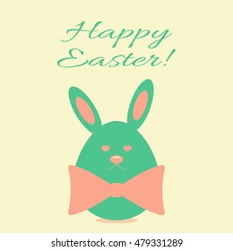 Template for postcards. Egg with rabbit ears, face and bow. Text Happy Easter! Pink, green.