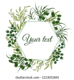 Template for postcards. Green plants and polygonal frame. All elements are isolated.