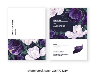 Template postcards, invitations, banners for social networks, advertising with botanical design. Dark purple and white tulips in realistic style, hand drawn, vector, floral spring design.