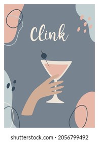 Template for postcards, party invitations, greeting cards, birthday invitations, posters. A hand with a cocktail glass. Vector illustration in boho style