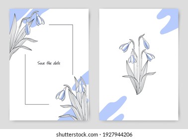 Template for postcards, wedding cards, invitations, save the date, thank you. Black and white illustration with snowdrops drawing in sketch style.