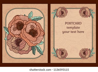 Template of postcards, wedding invitations, boschures in art nouveau style. Poppies, leaves, pastel colors, peach color, lines, stained glass.