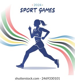 Template of poster for the 2024 sport championship or competition in Paris featuring a silhouette of athletic woman running fast at running competition with colors stripes or colorful wavy rainbow
