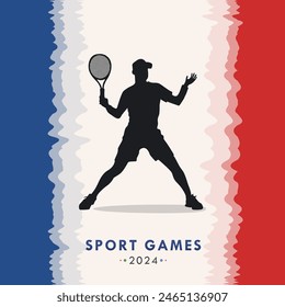 Template of poster for the 2024 sport games championship in Paris featuring a silhouette of tennis player holding a racket, with the French flag as a frame in the background. Card with athlete