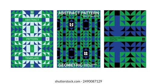 Template poster abstract geometric pattern navy green black background Repetitive pattern design set digital linear aesthetics colorful artwork square circle curve pattern collection print fabric page