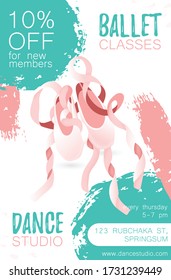 Template poster with ballerina pointe shoes on pink heart. Card invite for ballet class, dance lessons. Studio printable background. Vector Illustration