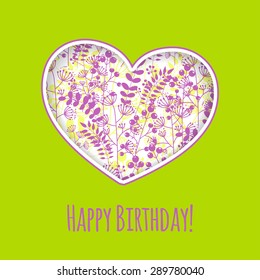 template, poster, banner, card. Happy birthday card with floral pattern in heart.