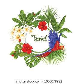 Template of poster, banner, postcard with tropical flowers and plants and parrot bird on white background. Stock vectorÂ illustration.