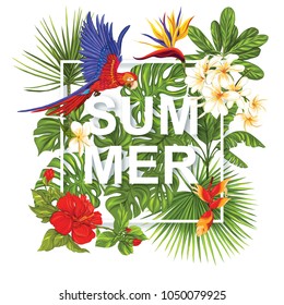 Template of poster, banner, postcard with tropical flowers and plants and parrot bird on white background. Stock vectorÂ illustration.