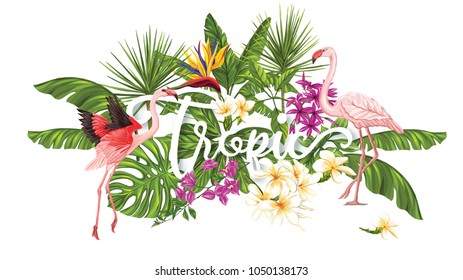 Template of poster, banner, postcard with tropical flowers and plants and flamingo bird on white background. Stock vectorÂ illustration.