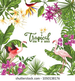 Template of poster, banner, postcard with tropical flowers and plants and flamingo bird on white background. Stock vectorÂ illustration.