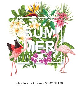 Template of poster, banner, postcard with tropical flowers and plants and flamingo bird on white background. Stock vectorÂ illustration.