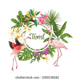 Template of poster, banner, postcard with tropical flowers and plants and flamingo bird on white background. Stock vectorÂ illustration.