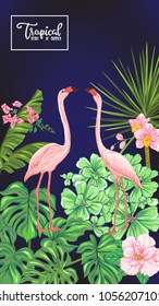 Template of poster, banner, postcard with tropical flowers and plants and flamingo bird on black background. Stock vectorÂ illustration.