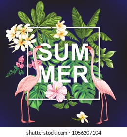 Template of poster, banner, postcard with tropical flowers and plants and flamingo bird on black background. Stock vectorÂ illustration.
