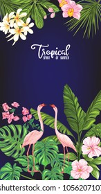 Template of poster, banner, postcard with tropical flowers and plants and flamingo bird on black background. Stock vectorÂ illustration.