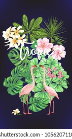 Template of poster, banner, postcard with tropical flowers and plants and flamingo bird on black background. Stock vectorÂ illustration.