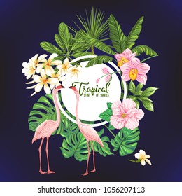 Template of poster, banner, postcard with tropical flowers and plants and flamingo bird on black background. Stock vectorÂ illustration.