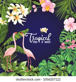 Template of poster, banner, postcard with tropical flowers and plants and flamingo bird on black background. Stock vectorÂ illustration.