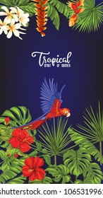 Template of poster, banner, postcard with tropical flowers and plants and parrot bird on black background. Stock vector illustration.
