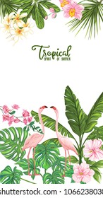 Template of poster, banner, postcard with tropical flowers and plants and flamingo bird on white background. Stock vector illustration.