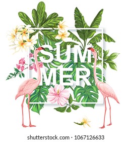 Template of poster, banner, postcard with tropical flowers and plants and flamingo bird on white background. Stock vector illustration.