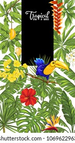 Template of poster, banner, postcard with tropical flowers and plants and toucan bird on white background. Stock vector illustration.