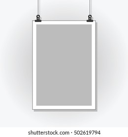 Template Poster. Blank paper in a light frame hanging with clips on a light background. Vector illustration.
