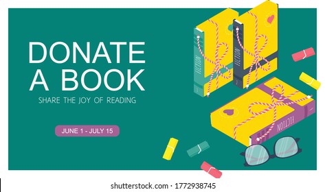 Template poster with box for donation book. Charity concept  vector background. New life for second goods. Paperback and glasses. Printable card. Vector illustration