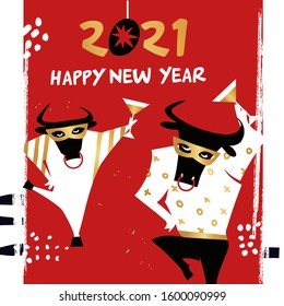 Template poster, card, invitation for party with year 2021 symbol bull, ox, cow. Lunar horoscope sign. Funny sketch silhouette bull. Chinese Happy new year 2021.