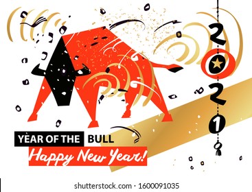 Template poster, card, invitation for party with year 2021 symbol bull, ox, cow. Lunar horoscope sign. Funny sketch silhouette bull. Chinese Happy new year 2021.