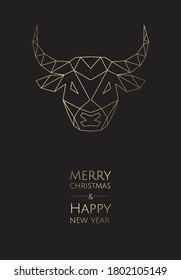 Cartel de plantilla, tarjeta, invitación para fiesta con toro de símbolo del año 2021, buey, vaca. Toro de silueta de sketch divertido. Chino Feliz Año Nuevo 2021.