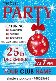 Template poster Christmas party and New Year with bauble. Holidays flyer design. Vector illustration.