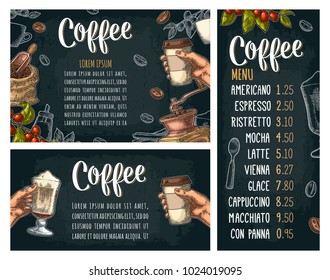 Template poster with coffee hand holding disposable cup with cardboard holder and cap, beans, cinnamon, branch, leaf, berry. Vintage color and white vector engraving illustration on dark for menu with