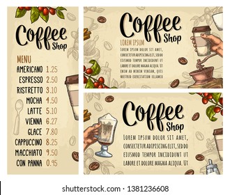 Template poster with coffee hand holding disposable cup with cardboard holder and cap, beans, cinnamon, branch, leaf, berry. Vintage color vector engraving illustration on beige for menu with price