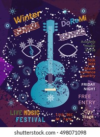 Template Poster Design with acoustic guitar silhouette. Idea for seasonal Winter Live Music Festival show. Musical event promotion  advertisement background. Vector illustration.