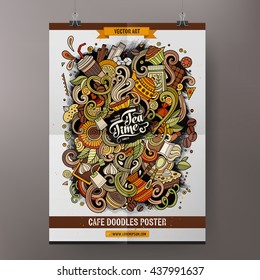 Template poster design with the cafe doodles hand drawn illustration.