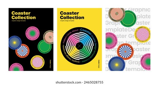 Template poster design circle coaster collection graphic design wrapper dartboard target board vinyl recode style element geometric abstract colorful vivid radial star circular print layout typography